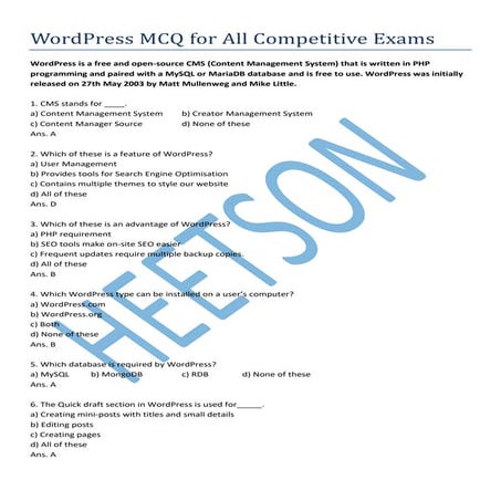 WordPress MCQ Questions and Answers Most Important