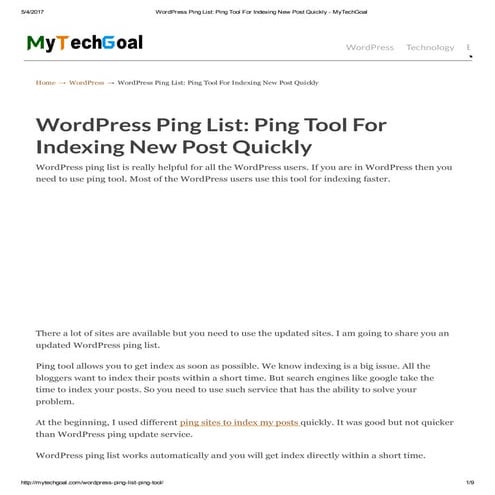 Word press ping list  ping tool for indexing new post quickly - mytechgoal