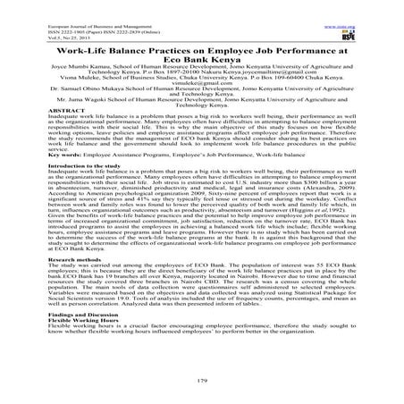 Work life balance practices on employee job performance at eco bank kenya