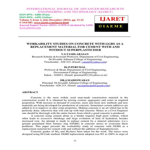 Workability studies on concrete with ggbs as a replacement material for cemen...