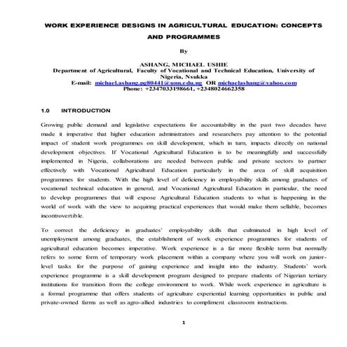 WORK EXPERIENCE DESIGNS IN AGRICULTURAL EDUCATION: CONCEPTS AND ...