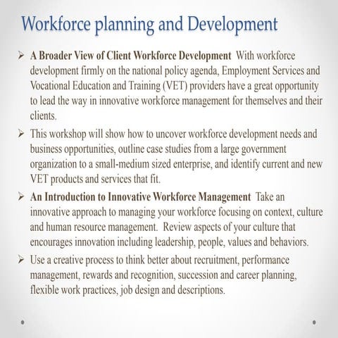 Workforce planning Development, resources and tools