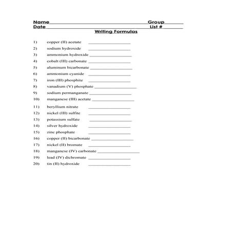 Workhseet writing formulas with polyatomic ions