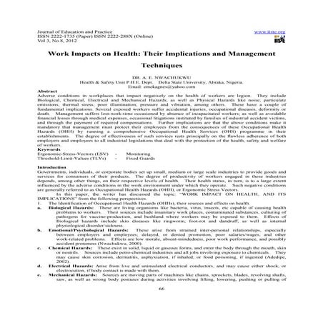 Work impacts on health their implications and management techniques