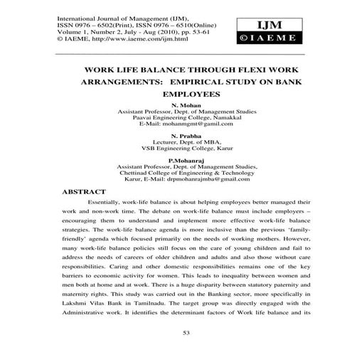 Work life balance through flexi work arrangements empirical study on bank emp...