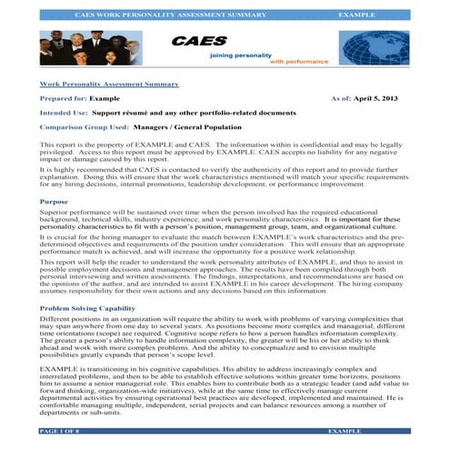 CAES Example of a Work Personality Summary   