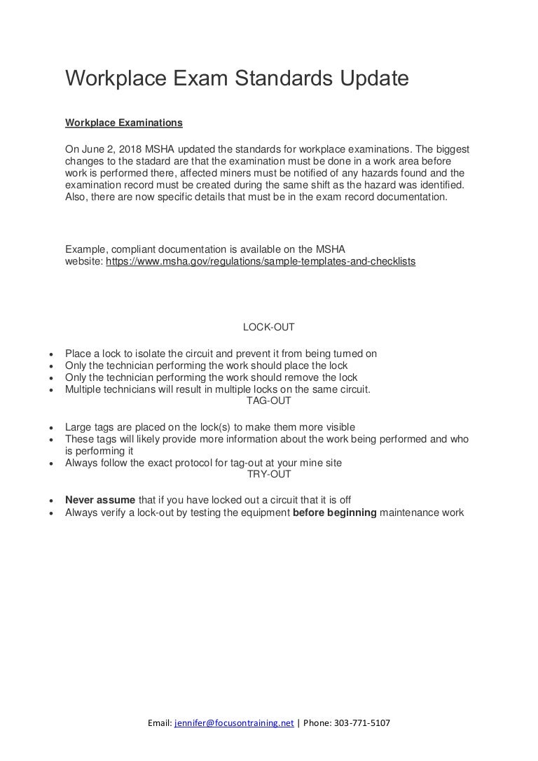 Workplace exam standards update mine safety institute