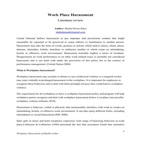 Workplace harassment of health worker