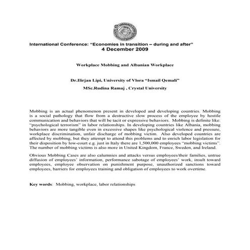 Workplace Mobbing And Albanian Workplace Ilirj