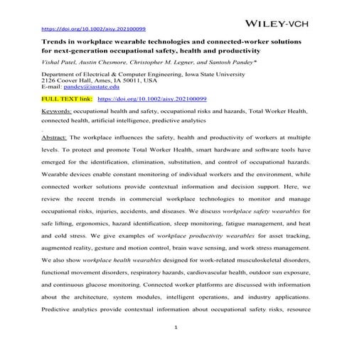 Trends in Workplace Wearable Technologies for Next Generation Occupational Sa...