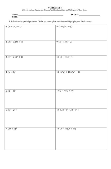 Worksheet on Special Products
