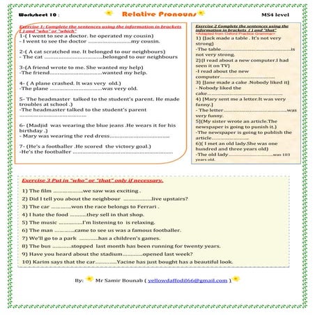 Worksheet 10    relative pronouns   ms4 level