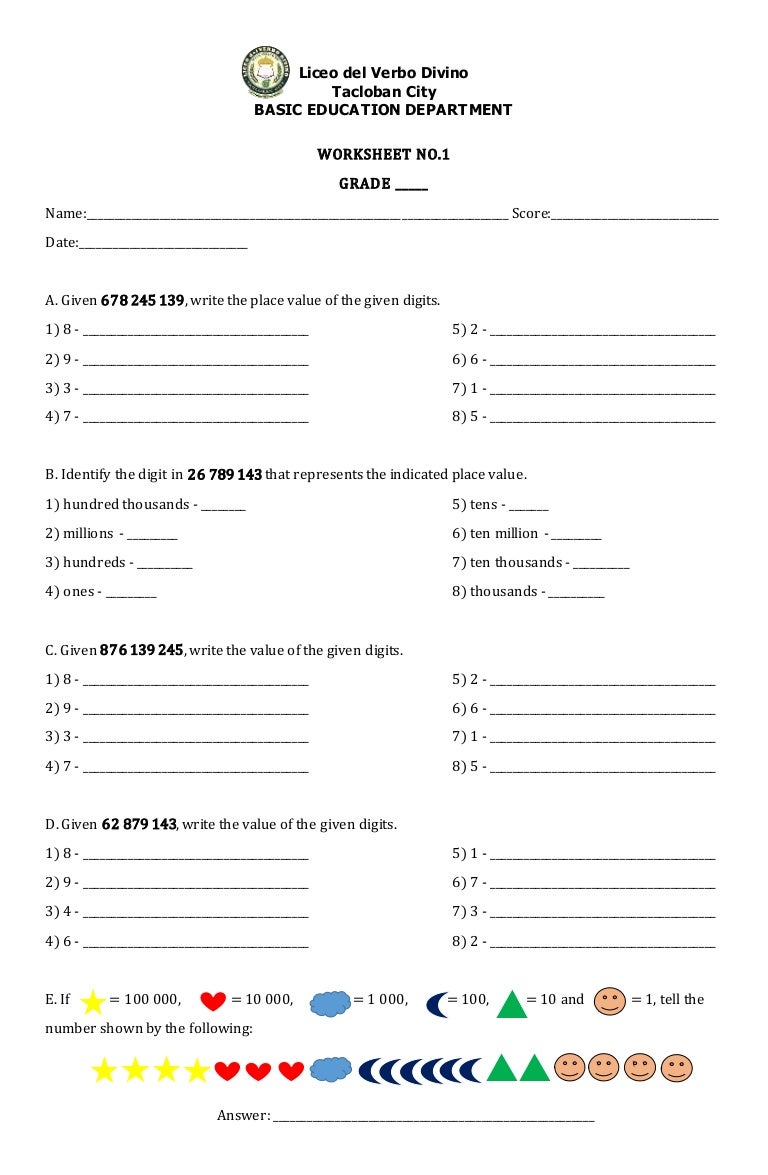 Worksheet for Place Value and Value.