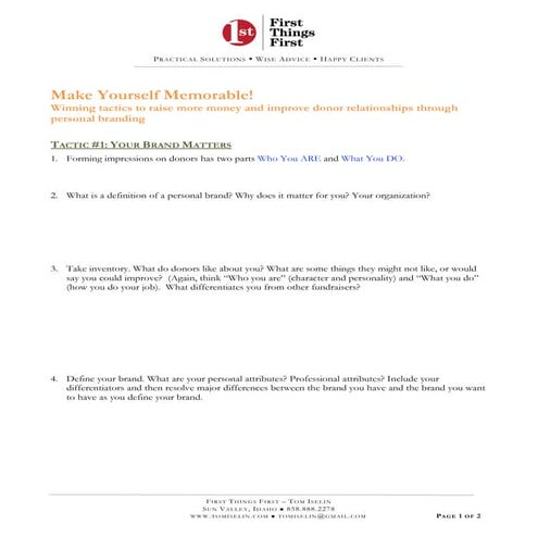 Worksheet - Make Yourself Memorable! – 5 Winning Tactics To Raise More Money ...