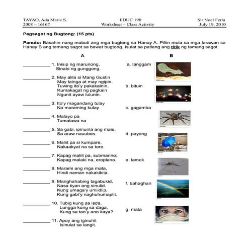 Worksheet on Riddles | PDF