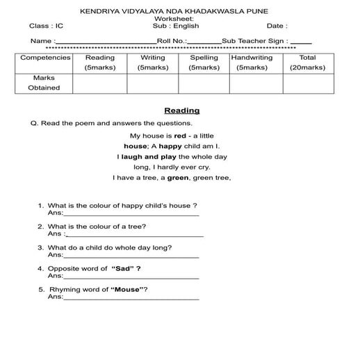1 Worksheet Primary class kv ENGLIST , EVS