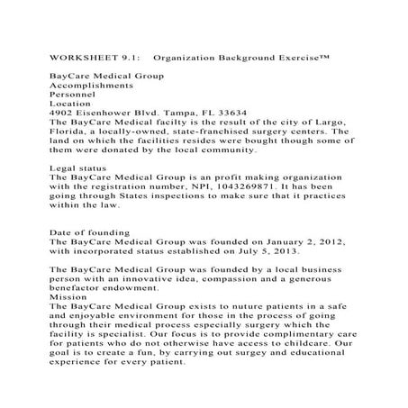 WORKSHEET 9.1    Organization Background Exercise™BayCare Med.docx