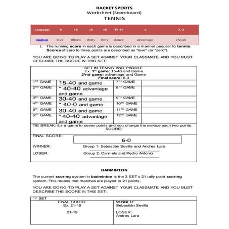 Worksheet about racket sports | DOC
