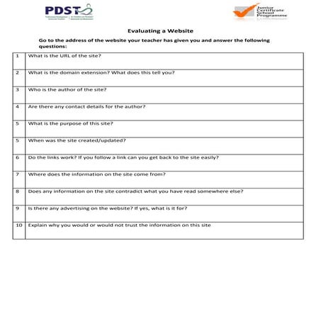 Worksheet evaluating a website
