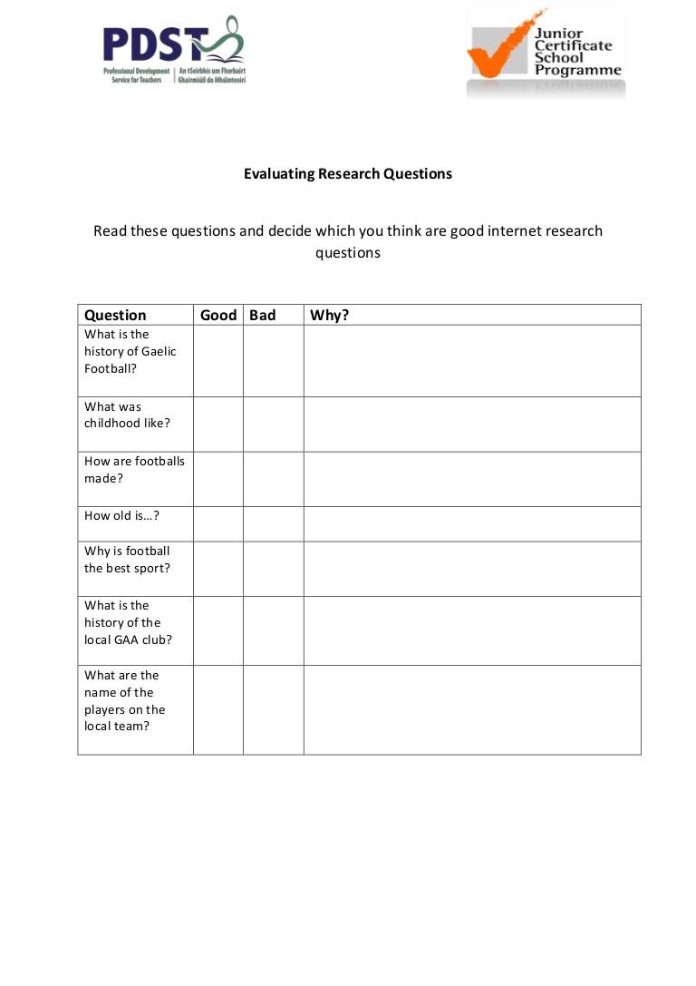 Worksheet evaluating research questions