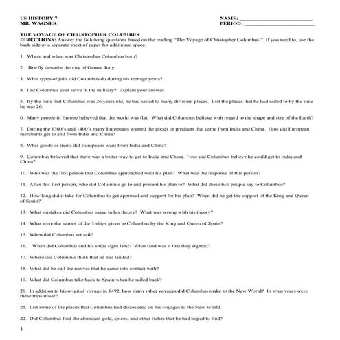 Columbus Book Worksheet