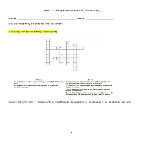 Week 3: Getting Professional Help (Worksheet) | PDF