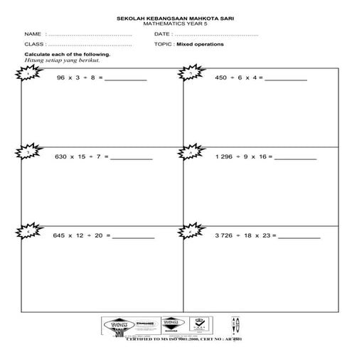 Worksheet mixed operation year 5