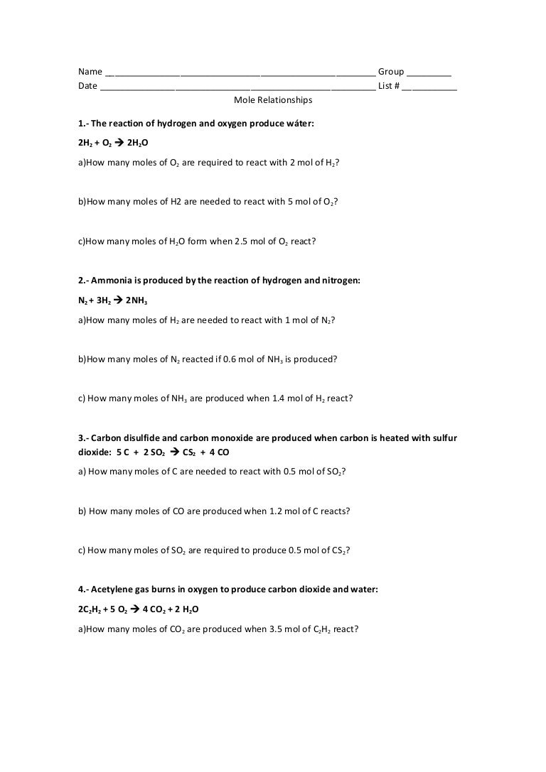 Worksheet Mole Relationships