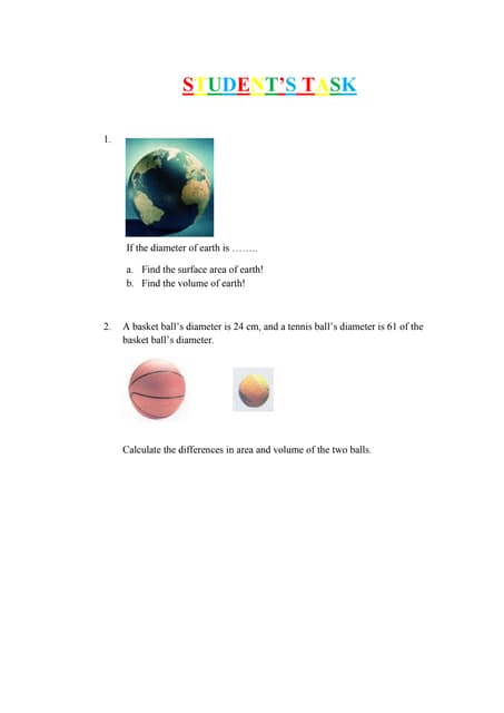 Worksheet determine the surface area of a sphere | DOCX
