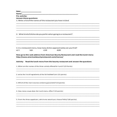 Worksheet task restaurant