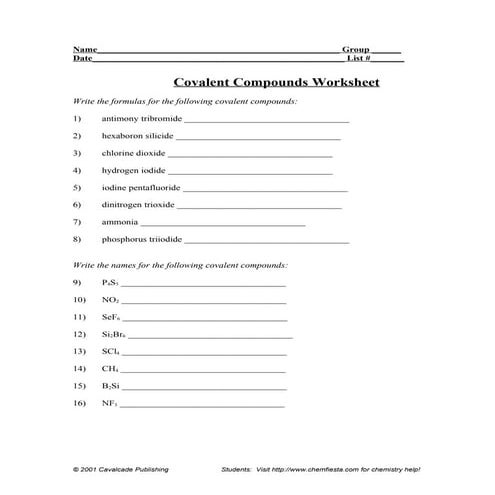 Worksheet writing covalent compounds
