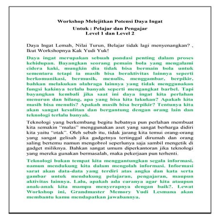 Workshop melejitkan potensi daya ingat level 1 dan 2 Oktober 2015