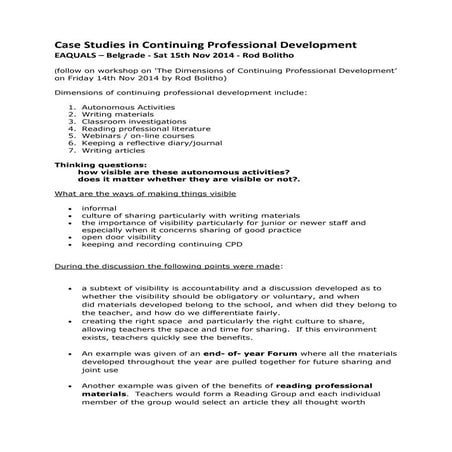 Workshop notes case studies in continuing professional development