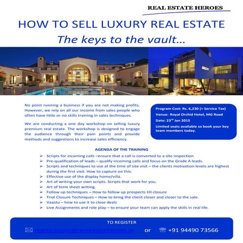 Luxury Real Estate Selling Workshop on 23rd Jan 2015 Bangalore