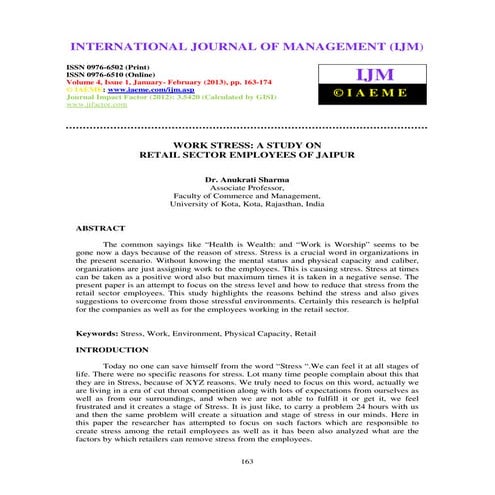 Work stress a study on retail sector employees of jaipur | PDF