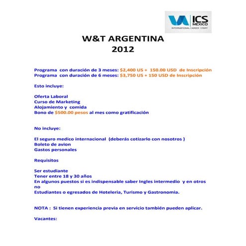 Work & travel argentina  info 2012