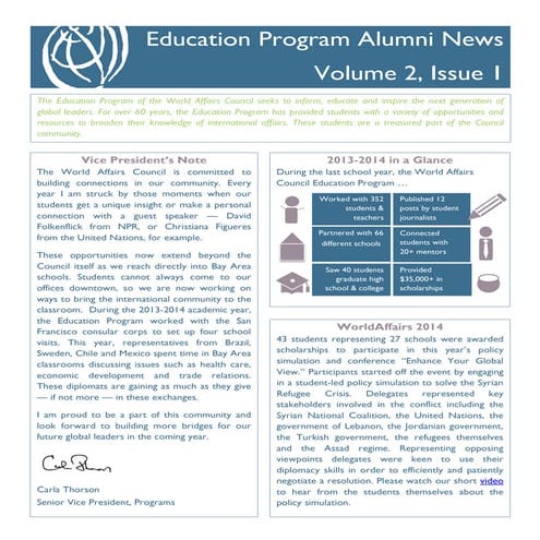 World Affairs Council Education Program Alumni Newsletter, Spring 2014