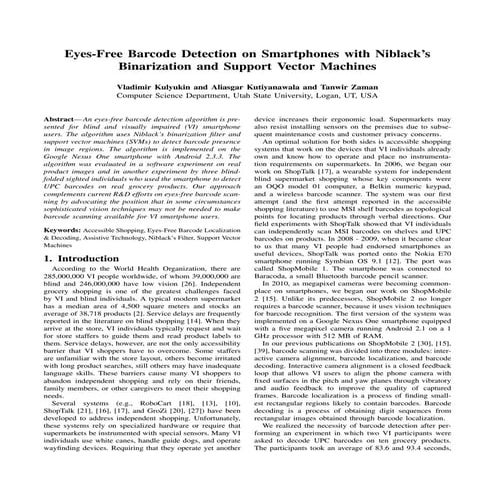 Eye-Free Barcode Detection on Smartphones with Niblack's Binarization and Sup...
