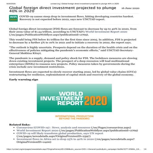 WORLD INVESTMENT REPORT 2020 BY UNITED NATIONS CONFERENCE ON TRADE AND DEVELOPMENT UNCTAD