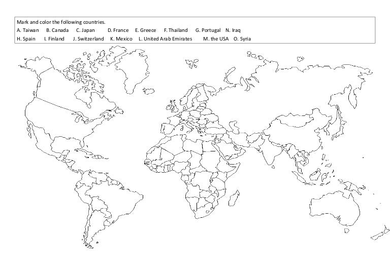 World map worksheet with countries