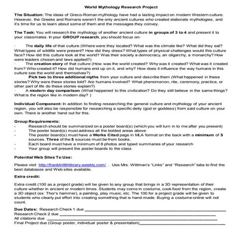 World mythology project and rubric and sources | DOCX