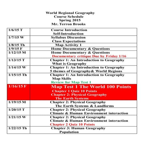 World regional geography course schedule Spring 2015
