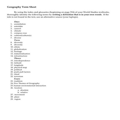 World studies geog term sheet
