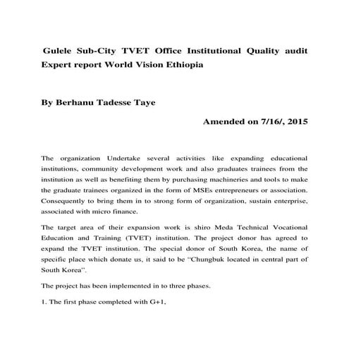  Gulele Sub-City TVET Office Institutional Quality audit Expert report World ...