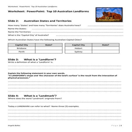 Worksheet:  Top 10 Australian Landforms