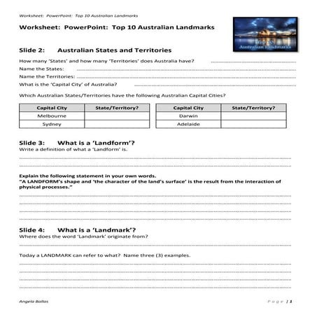 Worksheet for PowerPoint:  Top 10 Australian Landmarks 