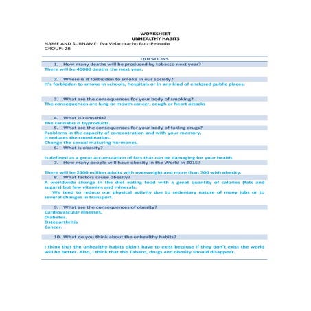 Worsheet second unhealthy habits