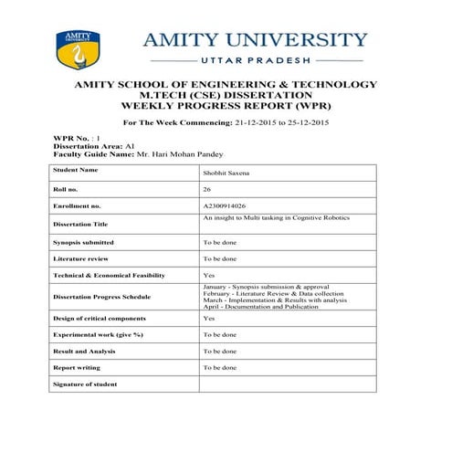 WEEKLY PROGRESS REPORT (WPR) for DISSERTATION : Download Link in Description