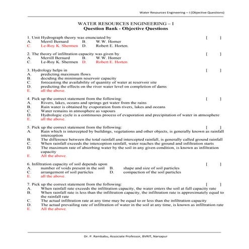 Water Resources Engineering - Question Bank (objective)