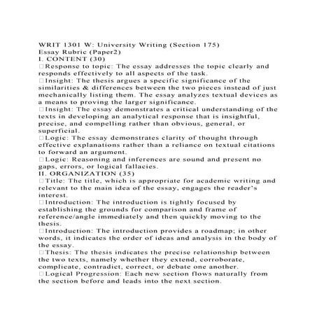 WRIT 1301 W University Writing (Section 175)Essay Rubric (Paper.docx